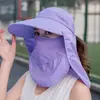 Chapéu de Sol Removível para Mulheres Verão Estilo Coreano Chapéu de Topo Vazio Aba Larga Anti-UV Chapéu de Sol para Ciclismo Chapéu com Máscara Facial