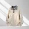 Suéter de punto con cuello polo de media botonadura, diseño color block, otoño/invierno 2026, unisex, corte holgado, versátil, tejido de ochos, estilo inspirado en la dopamina