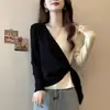 Suéter de Tricô Novo Estilo Cruzado, Suéter de Cor Contrastante, Manga Longa Outono e Inverno Irregular Emagrecedor Base Nicho Top, Manga Longa Slim