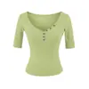 Camiseta de Manga Media Botonada con Cuello en V Profundo, Estilo Puramente Sexy de Chica Picante para Mujer, Nueva de Verano Ajustada, Camiseta Básica Favorecedora y que Realza el Tono de Piel