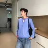Camiseta de punto ligera casual estilo americano para hombre, con borde enrollado, manga larga, cuello henley, top de protección solar para primavera y verano