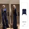 Chamarra sudadera azul marino para mujer, atuendo de otoño, nuevo conjunto casual deportivo estilo coreano de principios de otoño con pantalones anchos y sudadera con capucha
