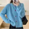 Suéter de estilo azul suave de alta gama para mujer, estilo primavera y otoño, estilo coreano, suave y pegajoso, para personas petite, chaqueta cárdigan de punto con botones de color contrastante