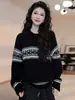 Suéter casual retrô estilo coreano com listras Fair Isle e gola redonda para mulheres, moda outono e inverno, peça de tricô macia e grossa