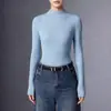 Top de punto base 100% imitación lana pura para mujer, con cuello semi alto, patrón de espiga, corte ajustado y mangas largas