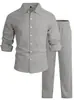 Traje casual de lino para hombre transfronterizo, nuevo modelo de comercio exterior, cárdigan de manga larga de color liso, pantalones anchos holgados con cordón para hombre