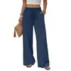 Pantalones Largos Casuales de Pierna Recta, Holgados, con Bolsillos Grandes, Cintura con Cordón Texturizada, Estilo Veraniego Transfronterizo para Mujer
