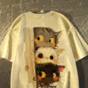 Camiseta de Algodão Puro Manga Curta Estilo Retro Americano Gatinho Curioso Unissex Verão Oversize Casal Estudante Meia-Manga