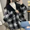Abrigo de Lana para Tallas Grandes Otoño/Invierno, Cárdigan a Cuadros Estilo Coco Chanel para Mujer de Tallas Grandes, Top Espeso de Forro Polar con Botones de Cuerno y Perlas, Moderno