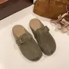 Pantuflas retro estilo Birkenstock con dedos divididos y forro de felpa, diseño de media pantufla de punta cerrada, calzado de exterior para mujer, nueva colección otoño 2026, zapatillas tipo mula sin talón