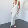 Decote V Novo Estilo Moda Europeia e Americana Elegante Gola Halter Costas Abertas Slim Fit Verão Cor Sólida Vestido Longo para Exportação