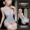 Lencería estilo discoteca, escote en V profundo, sin espalda, estampado a rayas, diseño de entrepierna abierta, body de una pieza