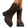 Botas de Cavaleiro de Cano Médio com Solado Grosso para Mulheres, Botas de Chaminé Finas com Bico Redondo Costuradas, Botas de Couro de Tamanho Grande para Mulheres Amazon