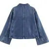 Chaqueta Vaquera Corta Vintage Lavada con Cuello de Solapa para Mujer, con Pespuntes, Bolsillos Grandes, Mangas Anchas, Corte Holgado, para Primavera y Otoño