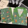 Novo pijama de urso xadrez verde de celebridade da internet para mulheres, verão, manga curta, shorts, cardigã, lapela, conjunto de duas peças, roupa de casa