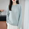 Suéter casual de punto minimalista sin costuras de una sola línea color albaricoque para mujer, de manga larga, cuello redondo, top de capa base