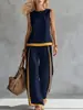 Nuevo conjunto casual cómodo para mujer, top sin mangas tipo tank top de bloques de color clásico europeo y americano y pantalones anchos de cintura alta