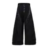 Calça Jeans Wide-Leg Inspirada em Designers com Vibe Hippie, Moderna e Única, Apresentando Patchwork de Couro PU, Fechamento por Botão e Design Longo até o Chão para Homens