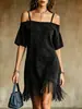 Vestido de Suede sin Hombros con Tirantes, Vestido Suelto de Manga Corta con Dobladillo Flecado, Vestido Midi Estilo Oeste, Ropa para Mujer Estilo Europeo y Americano Transfronterizo
