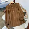 Camisa Cáqui Feminina Plus Size, Ombro Direito, Mangas Longas, Mangas Sino, Gola Redonda, Cardigã Solto com Botões Franceses, Estilo Fino