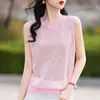 Colete Sem Manga de Ráfia Feminino Gola Redonda Pulôver Cor Sólida Casual Malha Camisa Base Solta Tamanho Grande Pulôver Verão