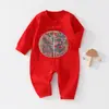 Macacão Vermelho Bebê Algodão Puro Outono e Primavera Roupa de Ano Novo Macacão para Recém-Nascido Estilo Chinês Roupa Completa para Lua Cheia Engatinhar
