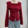 Malharia de Nicho Inspirada em Designers para Mulheres, Suéter Off-Shoulder Outono e Inverno, Top Básico com Gola Quadrada, Malharia Feminina com Gola Redonda