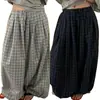 Pantalones de Pierna Ancha a Cuadros Estilo Coreano Retro para Primavera y Otoño para Mujer, Nuevos Pantalones de Pierna Ancha Sueltos con Cintura Elástica Transfronterizos, Pantalones Largos Casuales Versátiles