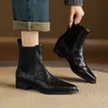 Botines cortos de punta estilo británico, versátiles para otoño e invierno, botines negros de cuero genuino con tacón grueso sin cordones para mujer, botas Martin de comercio transfronterizo para el día a día