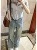 Jeans rectos retro de estilo americano con borde deshilachado para mujer, nueva colección primavera/otoño, de cintura alta, talla grande, corte holgado y pierna ancha con caída fluida
