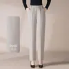 Pantalones rectos hechos a medida para mujeres de mediana edad y mayores, nuevo estilo de otoño, cintura alta, corte holgado, efecto adelgazante, cintura elástica, color café, estilo casual