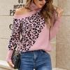 Suéter de Manga Larga con Estampado de Leopardo para Mujer, Suéter de Punto Hombros Descubiertos Exportación Amazon, Estilo Biker Versátil de Corte Holgado