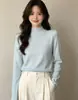 Suéter de punto texturizado de cuello semi-alto para mujer, apto para todos los tipos de cuerpo, corte ajustado, jersey elástico, versátil para ir al trabajo, top de capa base