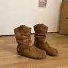 Botas de Moda de Gamuza Estilo Europeo para Mujer 2026 Otoño/Invierno Botas de Media Pantorrilla con Tacón Oculto Correa con Hebilla Marrón Decoración Botines de Mezclilla