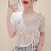 Blusa Feminina de Tricô Vazado Verão Nova Manga Curta Estilo Ocidental Emagrecimento Fino Cordão Cor Sólida Suéter Curto