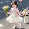 Conjunto de dos piezas para niña, chaqueta suéter de primavera y otoño 2026, nuevo estilo versión coreana, elegante, manga larga, falda de gasa