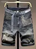 Shorts Jeans Patchwork de Marca da Moda Masculino Verão Nova Cor Color Block Aplique Rasgado Cinco Pontos Estilo Masculino Tendência Slim-Fit Calças de Comprimento Médio