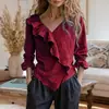 Nuevo Top Casual Holgado de Algodón y Lino con Cuello en V de Manga Larga de Color Sólido para Mujer, Comercio Exterior Transfronterizo Amazon 2026