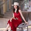 Vestido vermelho com alças plissadas, primavera 2023, novo vestido profissional slim com cintura alta e elegante