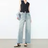 Calça jeans reta vintage azul denim para mulheres, novidade outono 2026 cintura alta justa cropped justa solta perna larga