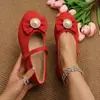 Zapatos Mary Jane para mujer con lazo y adornos de perlas, color albaricoque, de una sola tira, puntera redonda, suela plana, disponibles en tallas más grandes para mercados internacionales