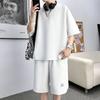 Conjunto 2024 Verão Novo Estilo Hong Kong Tendência Marca Masculino Solto Gola Redonda Manga Curta Camiseta Masculina Shorts Conjunto de Duas Peças