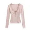 Camiseta de Manga Larga con Forro Polar, Cuello en V, Cierre de Corbata, Ribete de Encaje, Estilo Puro Deseo, Chica Atractiva, Nueva Camiseta Básica Elegante Ajustada para Mujer, Otoño/Invierno