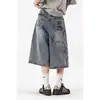 Pantalones Cortos de Mezclilla Finos de Verano para Hombre Estilo Americano Retro Sueltos de Longitud Media Pantalones de Cinco Puntos Versátiles de Calle Tendencia Graffiti