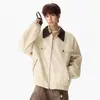 Chaqueta retro de piel sintética con bloques de color estilo japonés y cuello alto, un nuevo diseño de otoño con un look deconstruido y efecto adelgazante