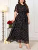 Vestido elegante de verão novo, preto, com estampa floral, lapela, manga curta, amarração na cintura, caimento solto, plus size