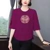 Camiseta Estampada Tendência Marca Estilo Mãe Manga Três Quartos para Mulheres, Caimento Solto, Emagrecedora, Rejuvenescedora, Blusa Versátil para Meia-Idade