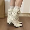 Botines de Tacón Grueso con Punta Aguda para Mujer, Modelo 2026, Súper Elegantes y Versátiles, Botas Blancas Muy Atractivas con Tacones Altos Plisados