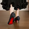 Sapatos de salto alto 9169 com sola vermelha, scarpins femininos de bico fino e salto agulha, sapatos pretos com lantejoulas para festas em boates, sapatos femininos sexy para eventos anuais