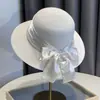 Sombrero de Paja Elegante Estilo Francés con Lazo de Cinta y Perlas para Mujer, Verano, Cúpula, Salida a la Playa, Nuevo Sombrero Versátil de Moda